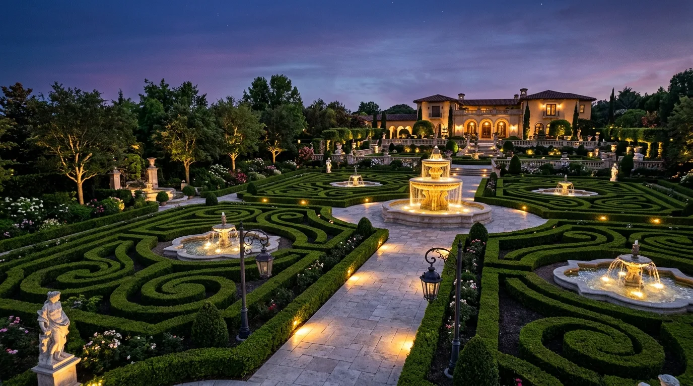 A luxury entertaining terrace landscape at twilight with fireplace, no people