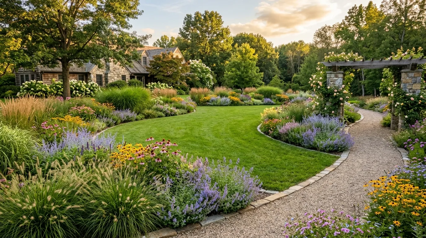 A graceful curved landscape with sweeping front walk, no people
