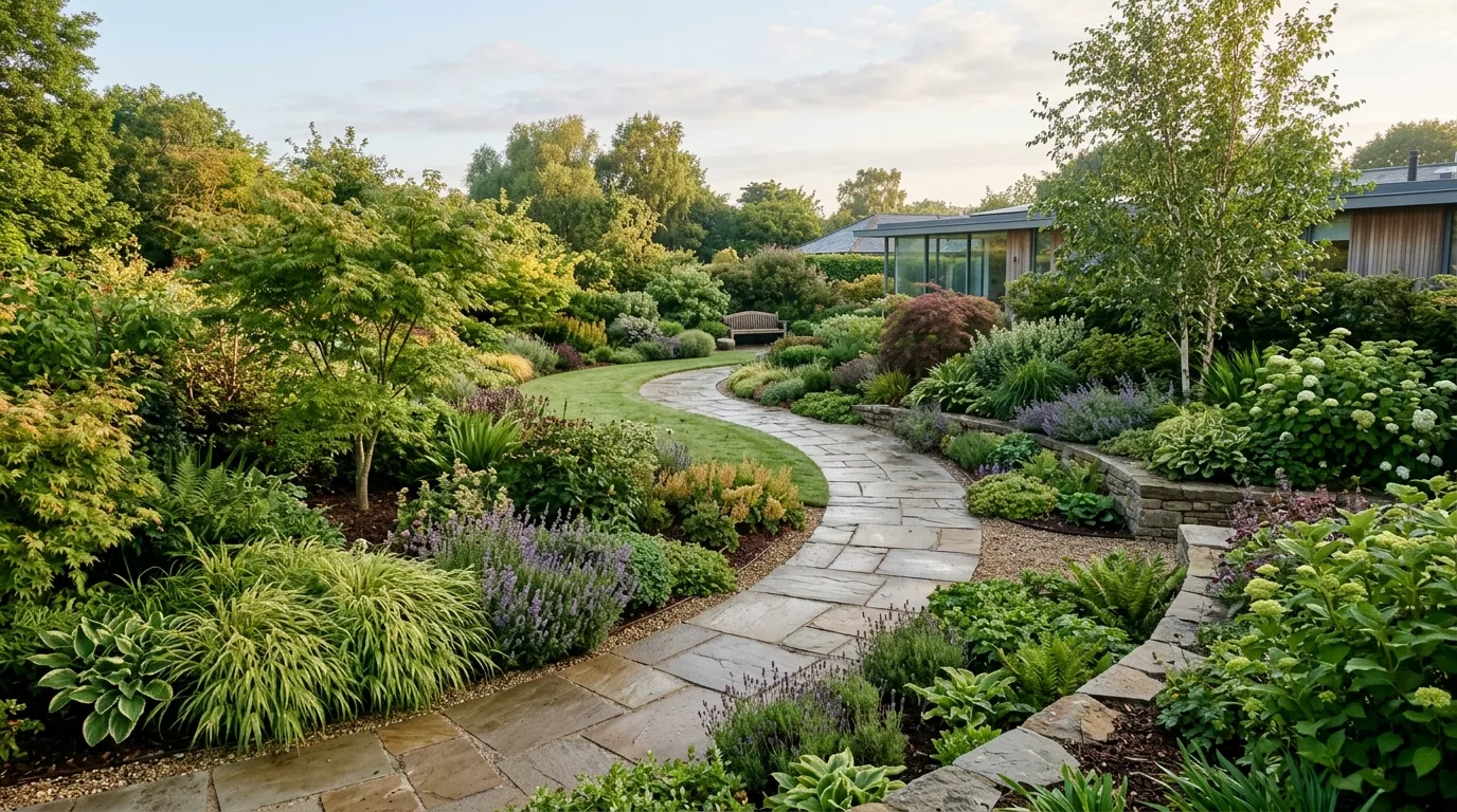 A curved landscape with broad lawn arcs and layered perennials, no people