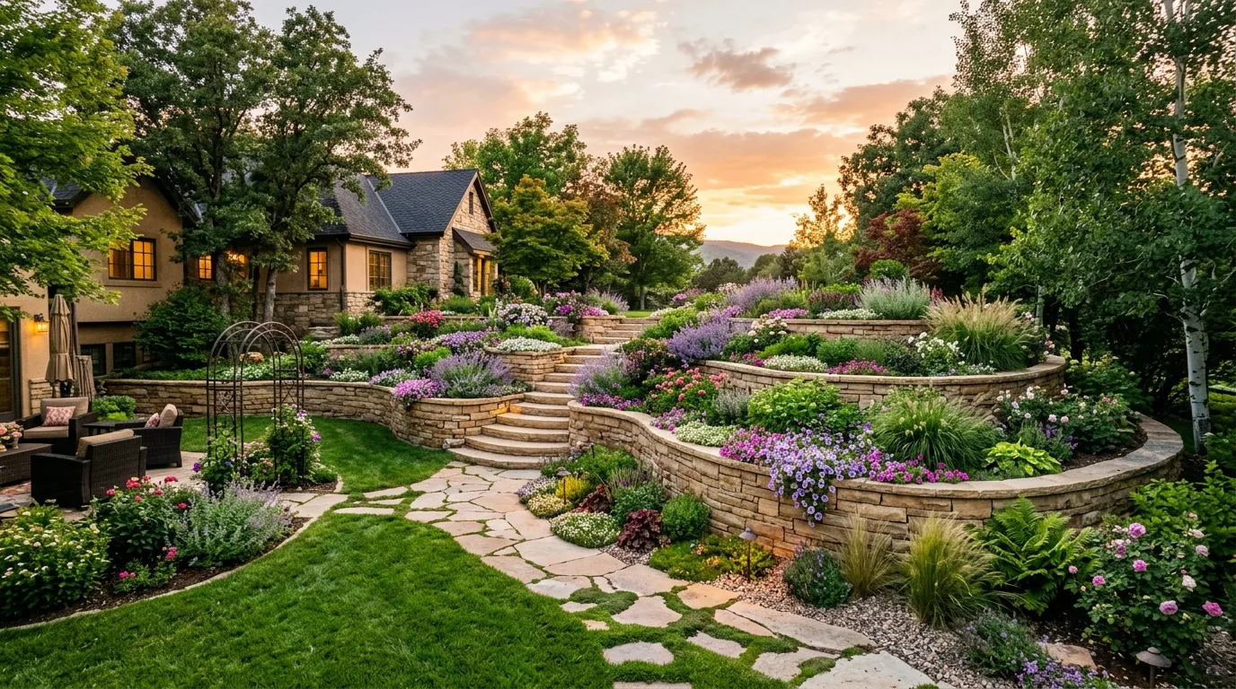 A graceful curved patio landscape blending into planting, no people