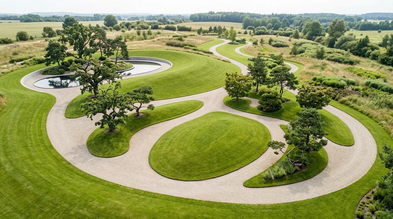 A curved landscape with a winding dry creek feature, no people