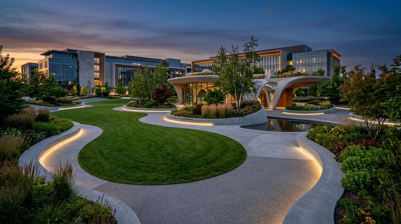 A small curved landscape path designed for organic flow, no people