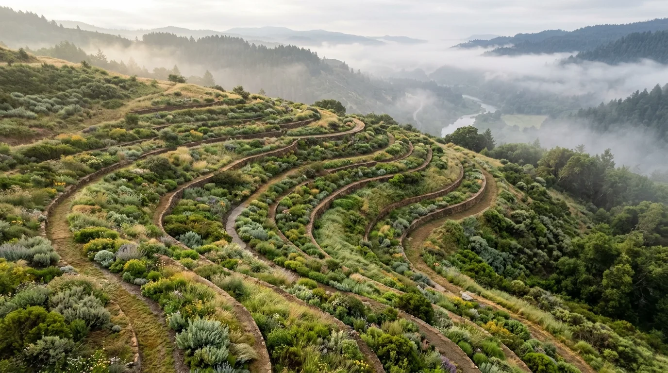 A curved slope landscape following contour lines, no people