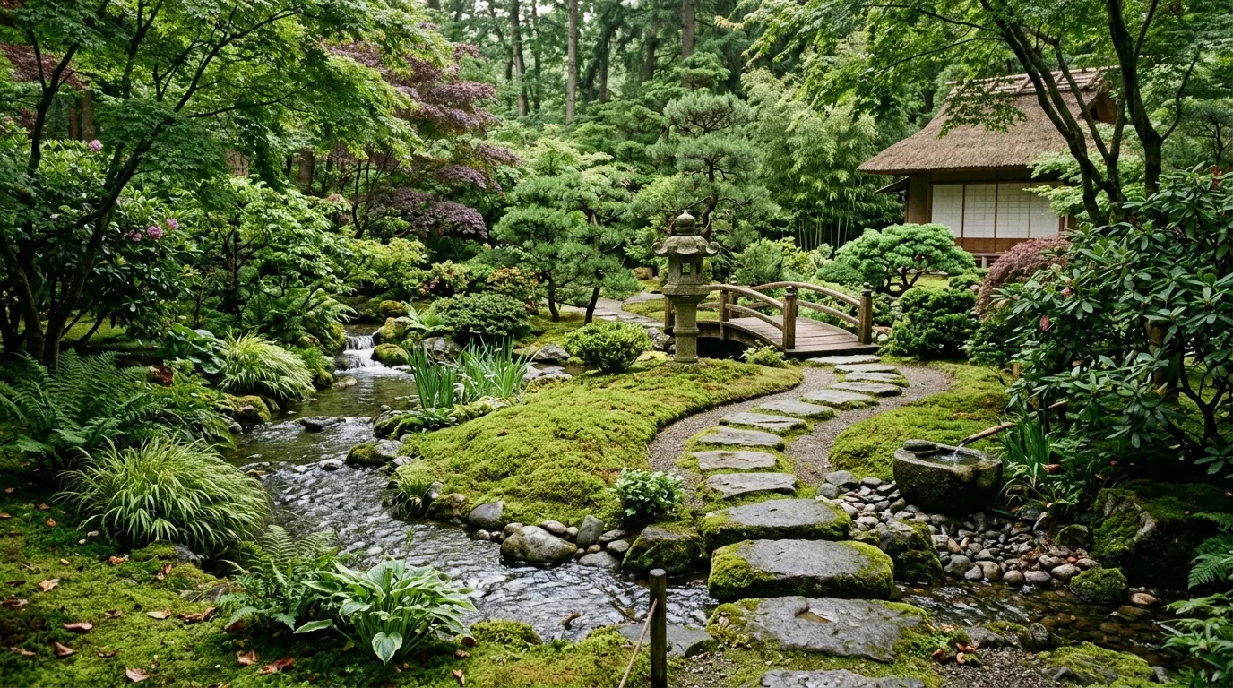 A graceful curved courtyard landscape balancing architecture, no people