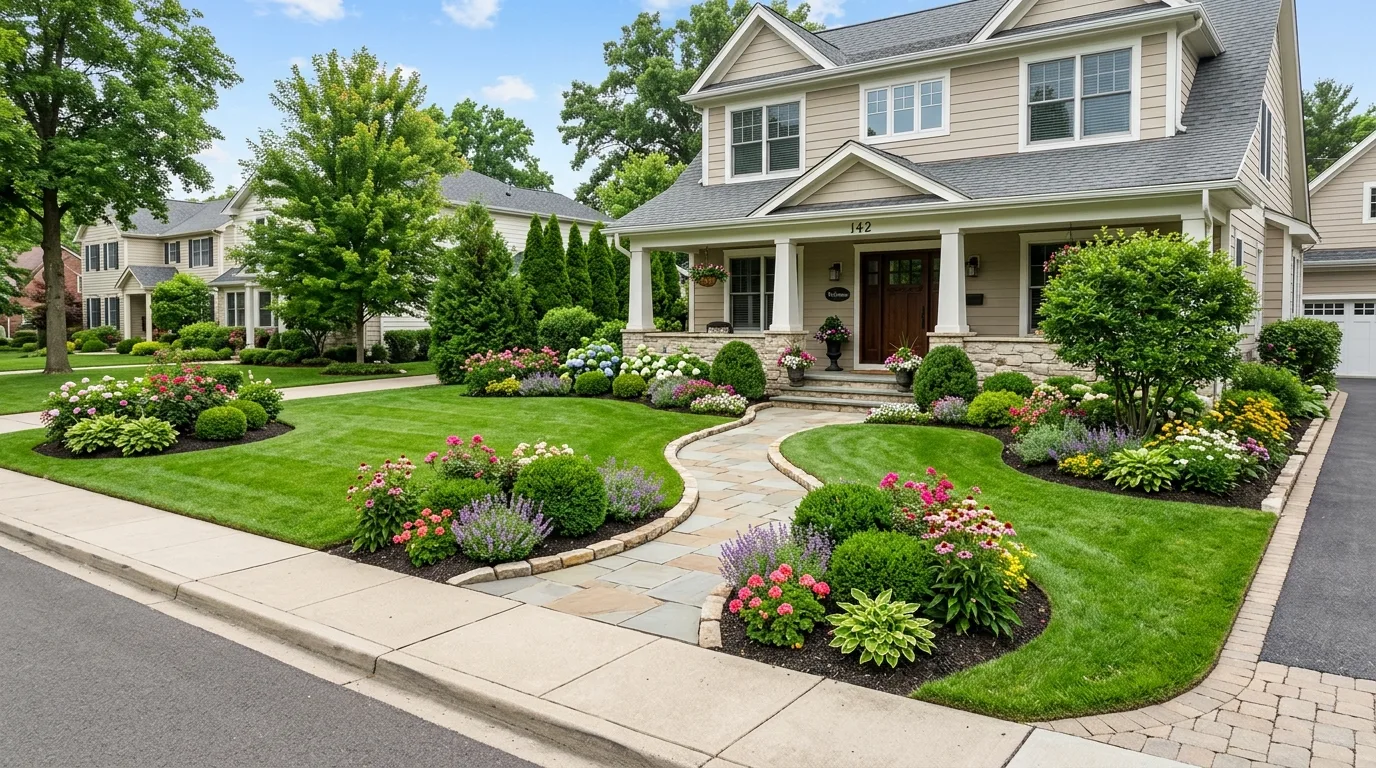 A curved landscape pond edge with meadow planting, no people