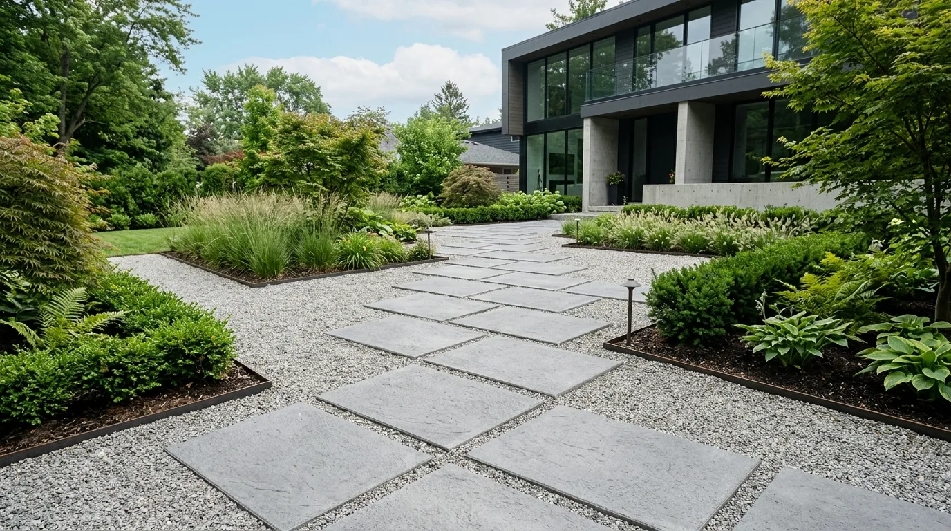 A stylish paving landscape with broad format stone patio, no people
