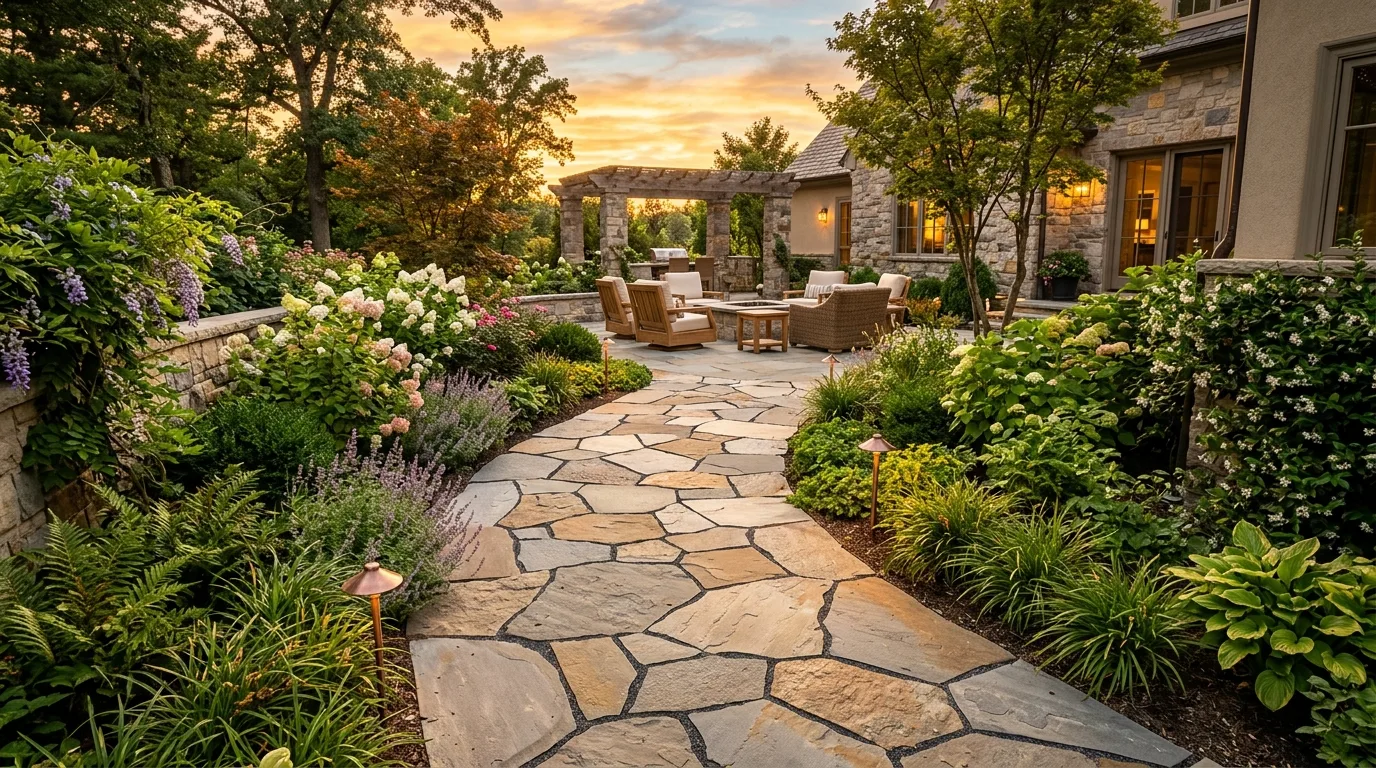 A beautiful landscape paving design with herringbone brick walk, no people