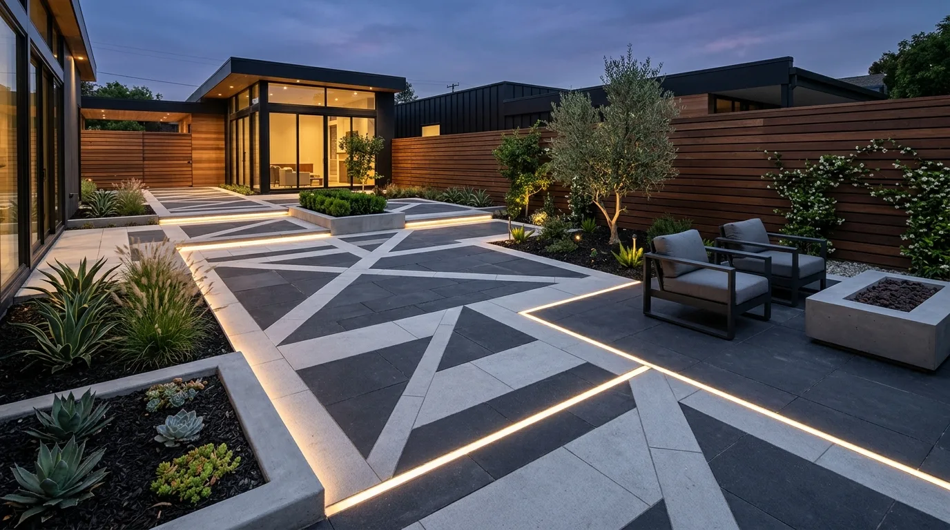 A stylish landscape paving design with gravel and slab layout, no people