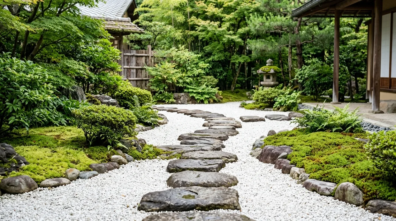 A stylish landscape path with stepping pads through planting, no people