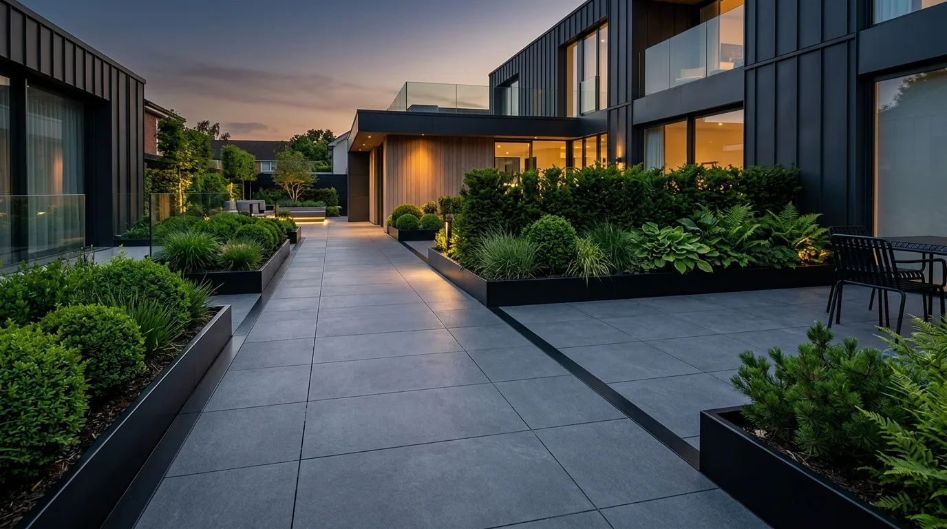 A beautiful paving landscape design at a driveway apron, no people