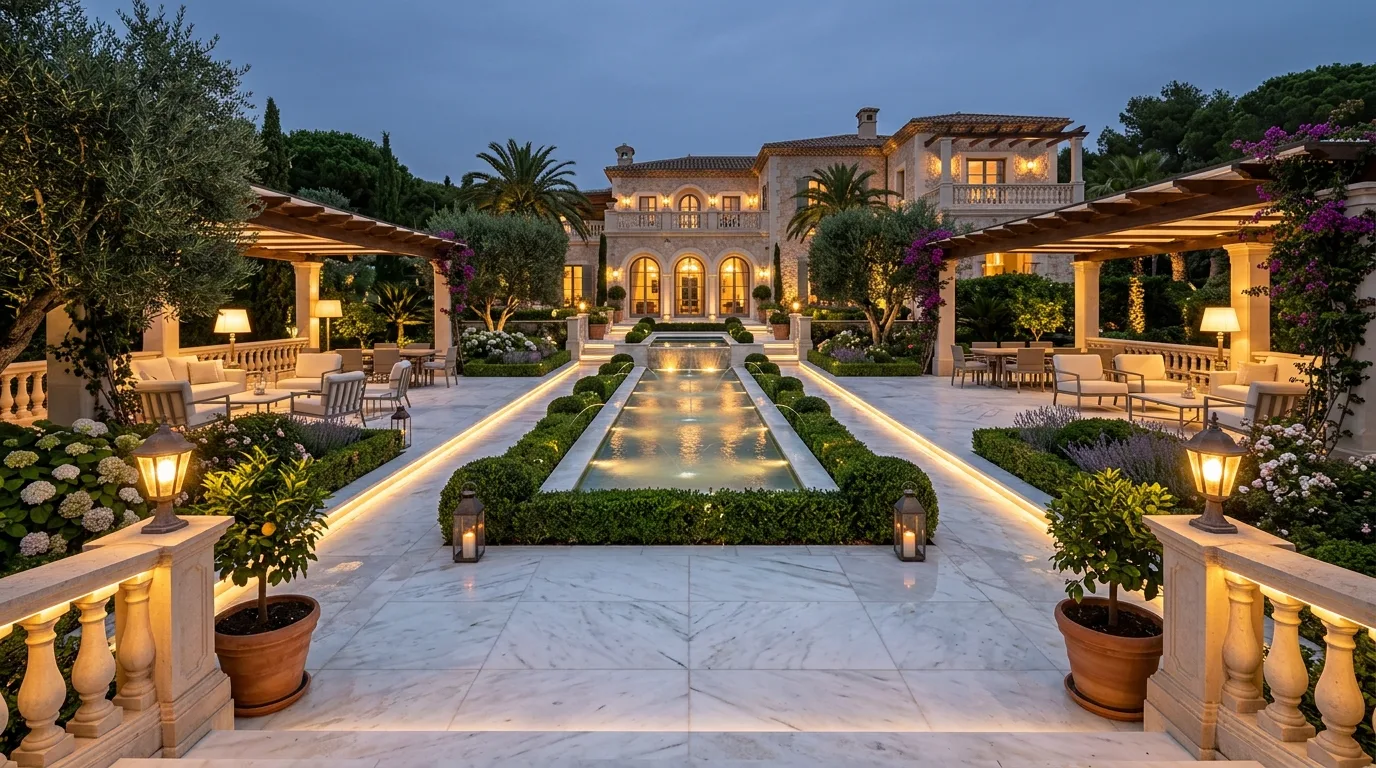 A rustic landscape paving design with natural stone terrace, no people