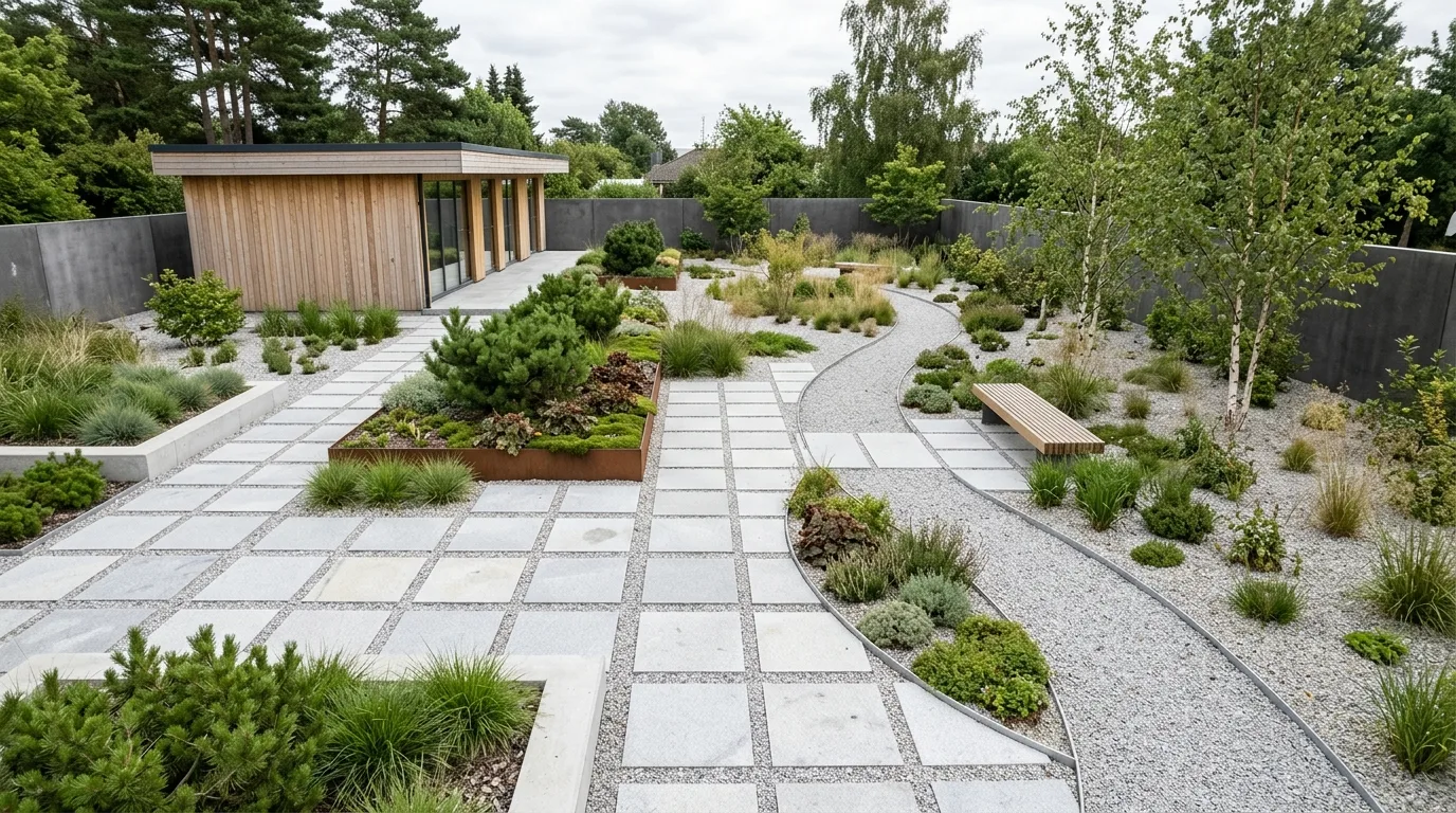 A modern landscape paving design with charcoal pavers, no people