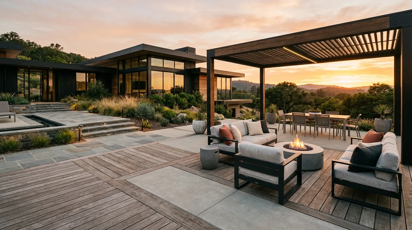 A stylish paving landscape design connecting stairs and patio, no people