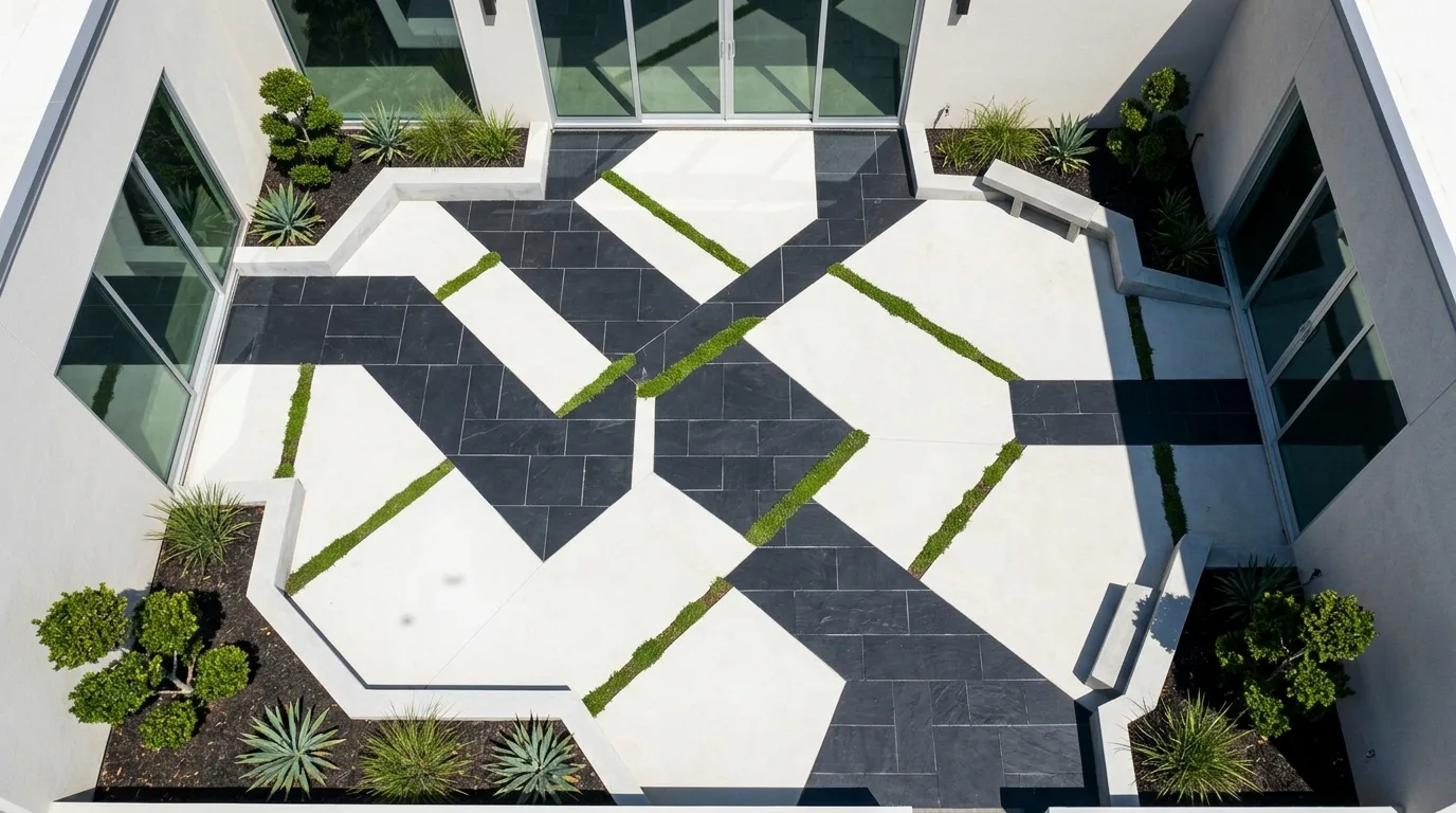 A beautiful landscape paving design with mixed materials, no people