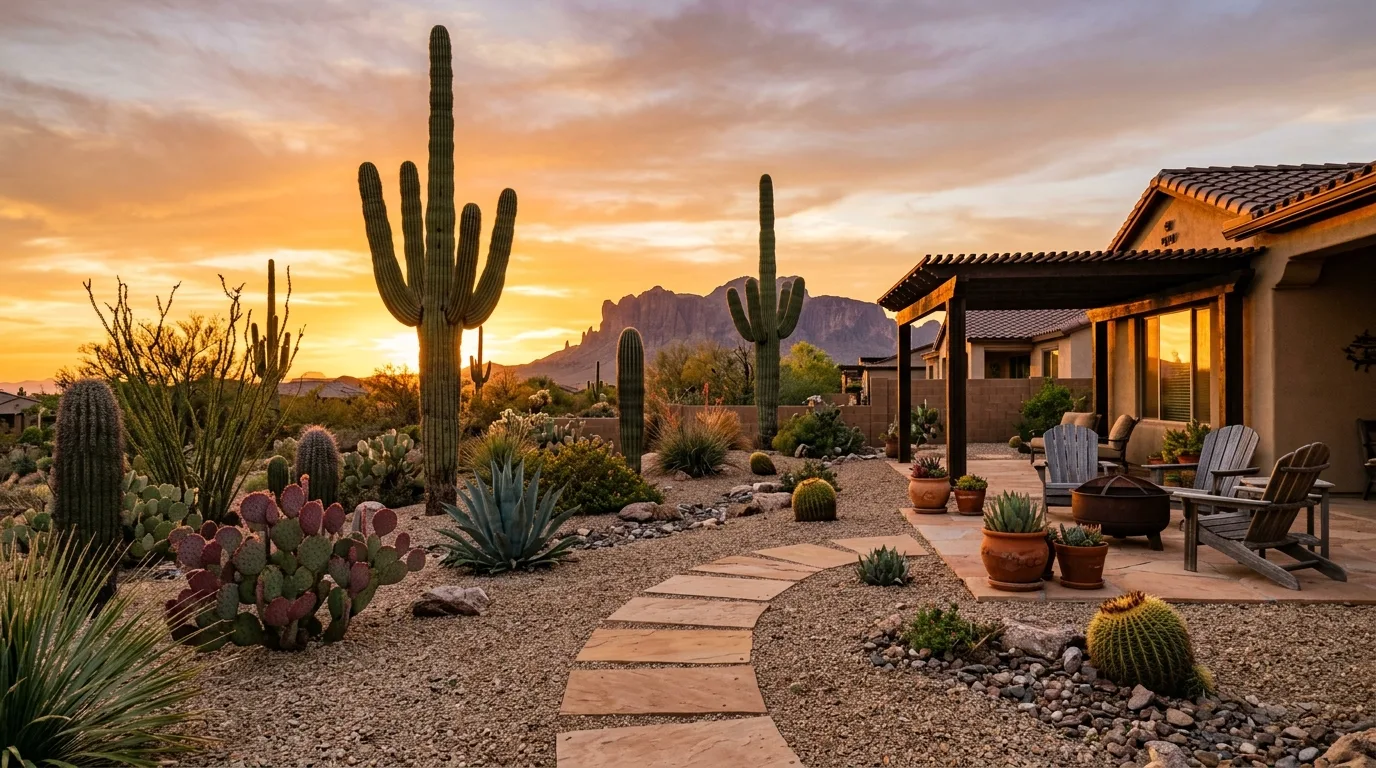 An Arizona landscape with agave boulders and warm gravel, no people