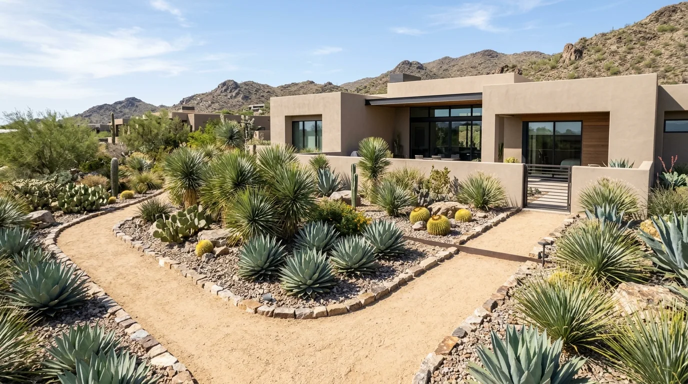 A desert chic Arizona courtyard landscape with cactus and stucco, no people