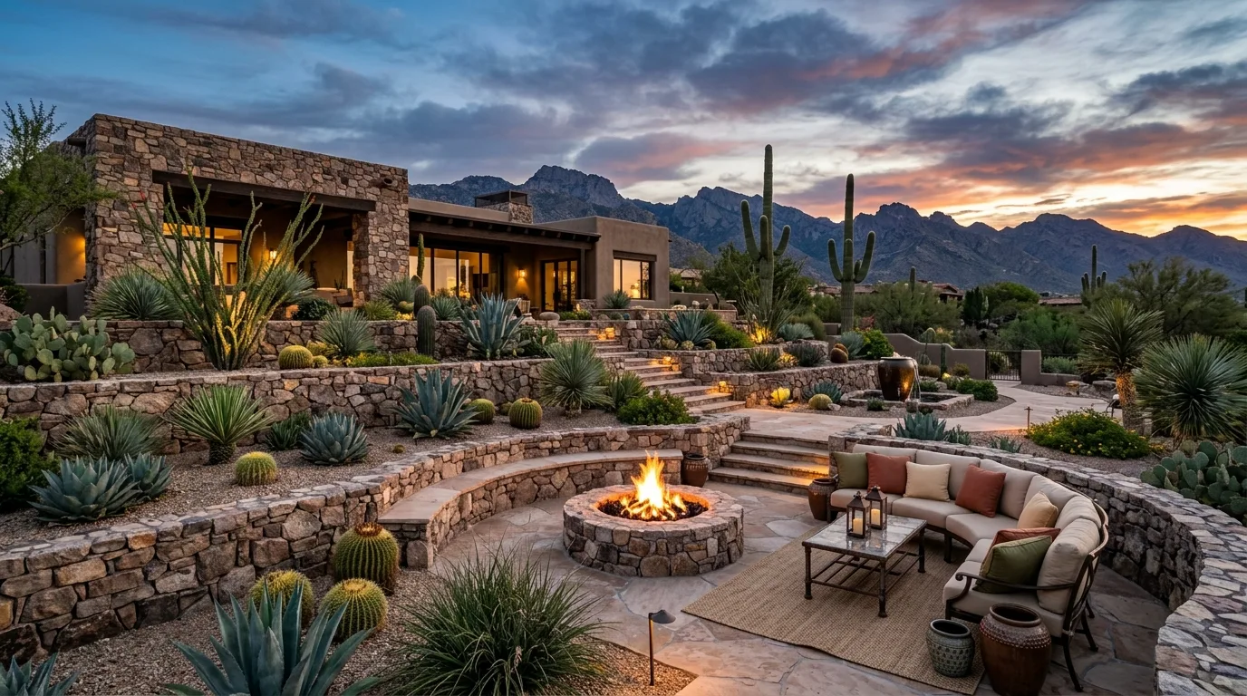 An Arizona landscape with a dry creek feature and desert planting, no people