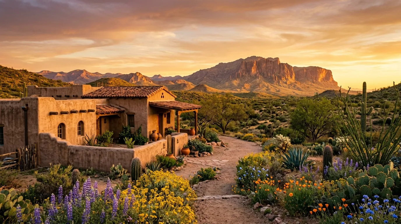 A desert chic Arizona poolside landscape with low water plants, no people