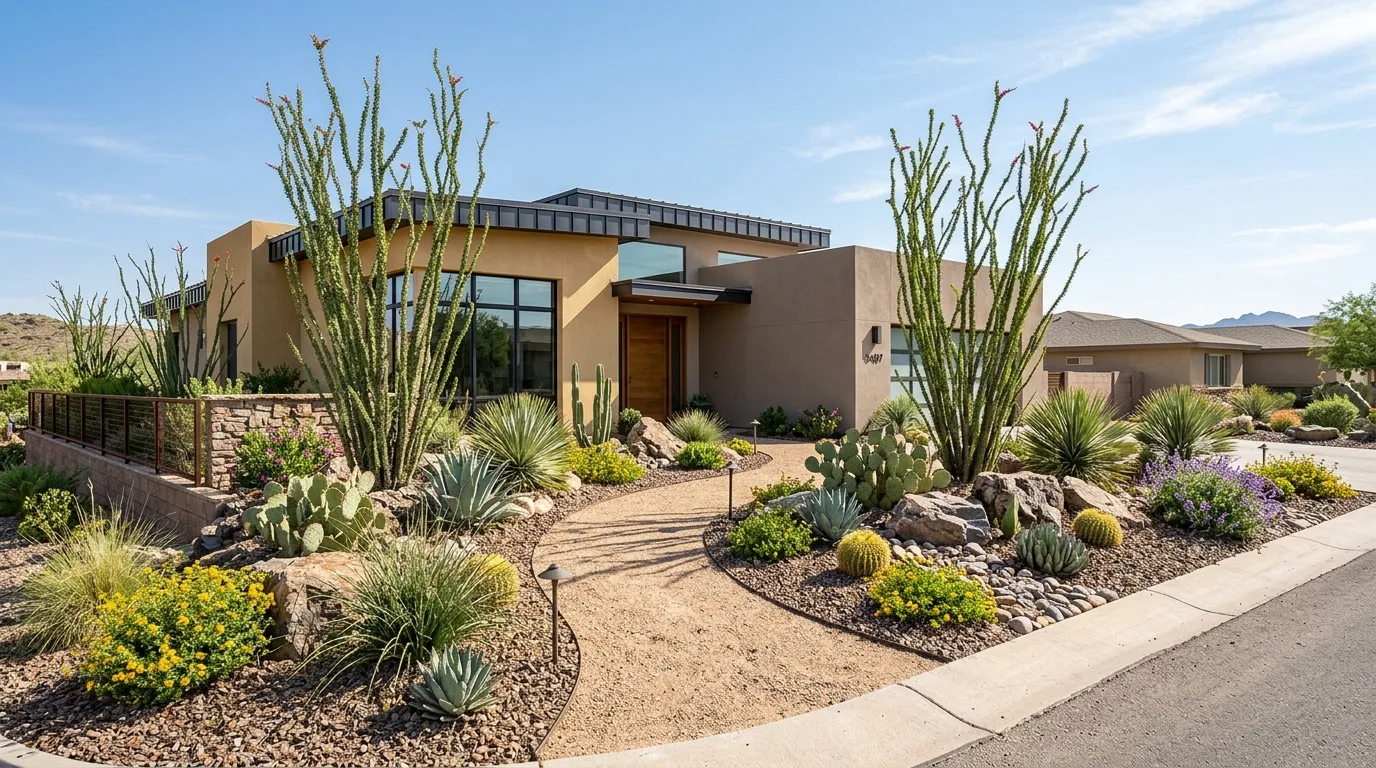 An Arizona landscape path with red stone and desert bloom accents, no people