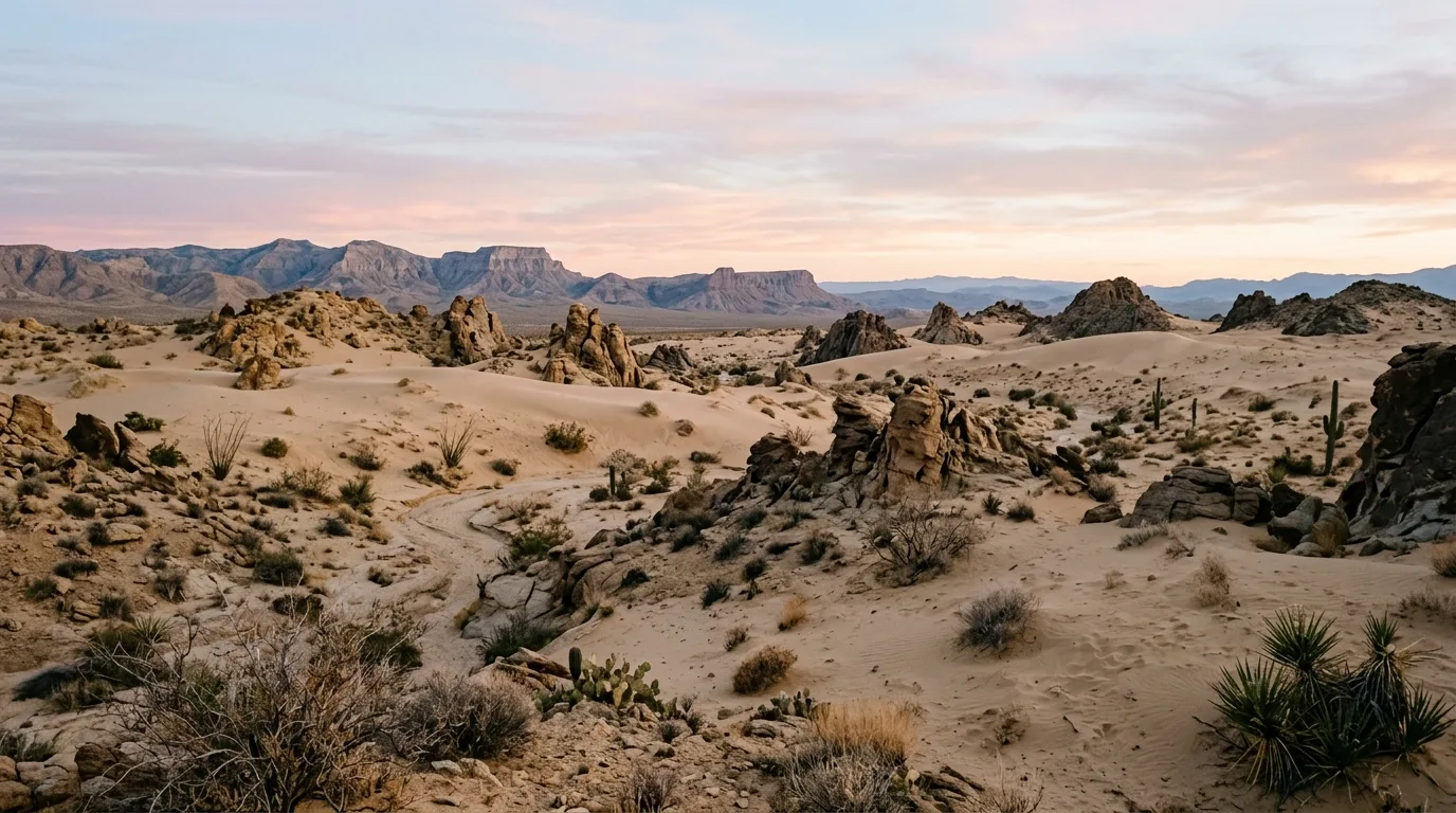 A modern Arizona landscape in black and tan with desert plants, no people