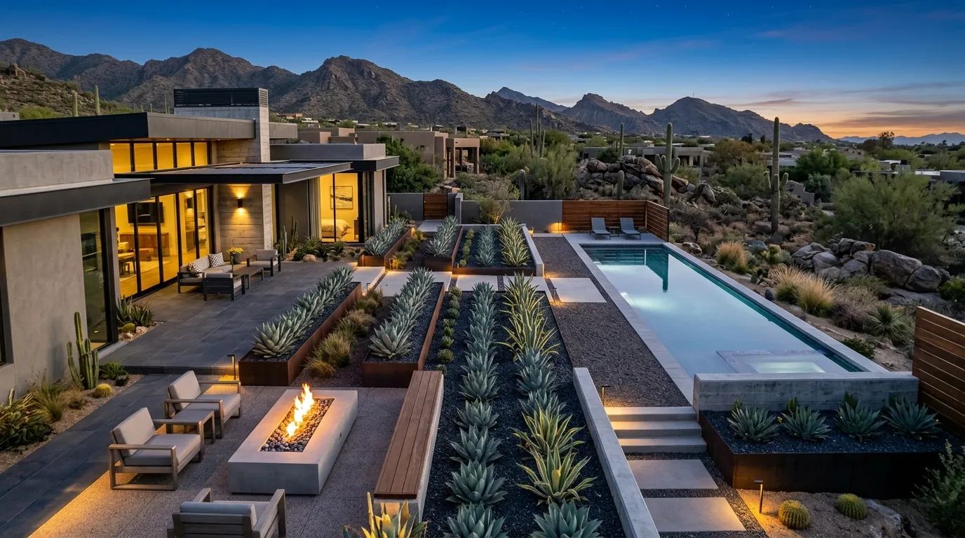 An Arizona courtyard landscape with palo verde and pottery, no people