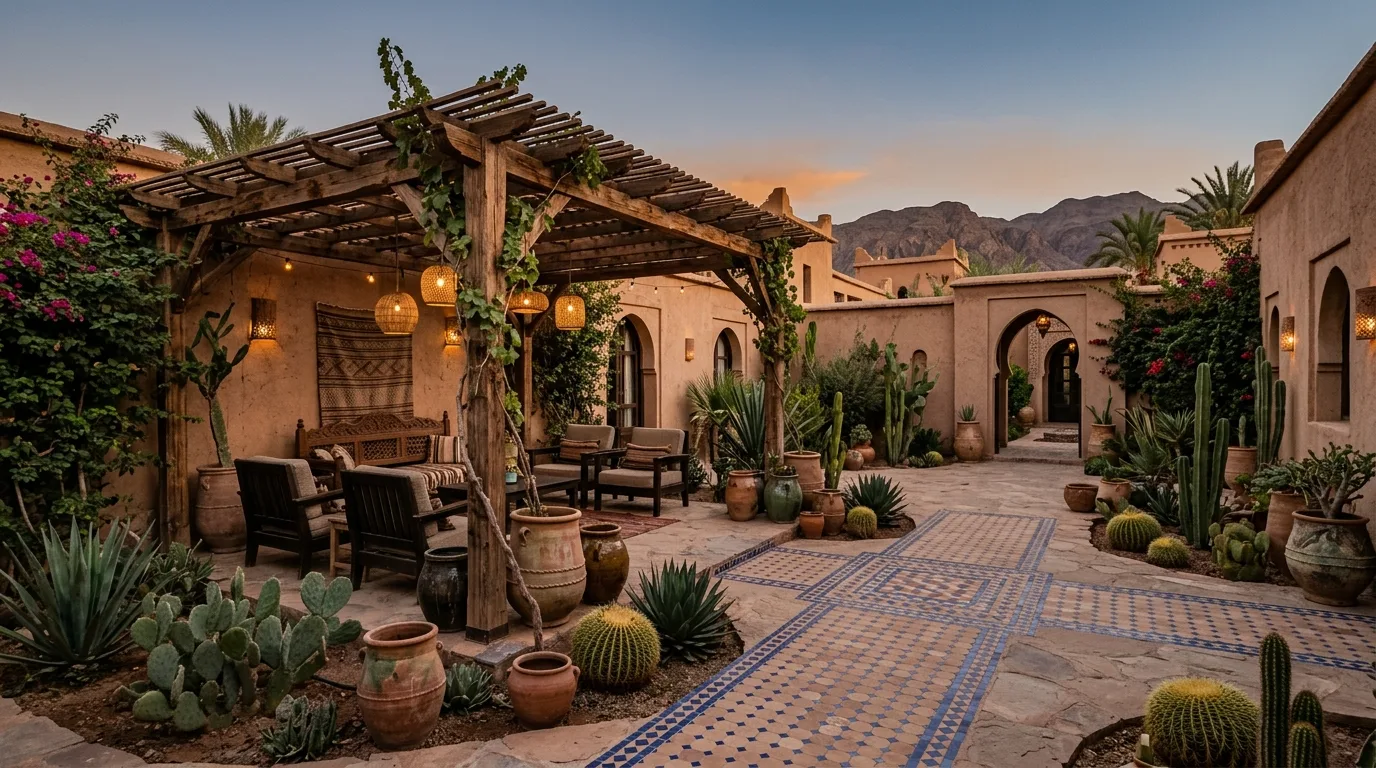 A desert chic Arizona front landscape with climate suited plants, no people