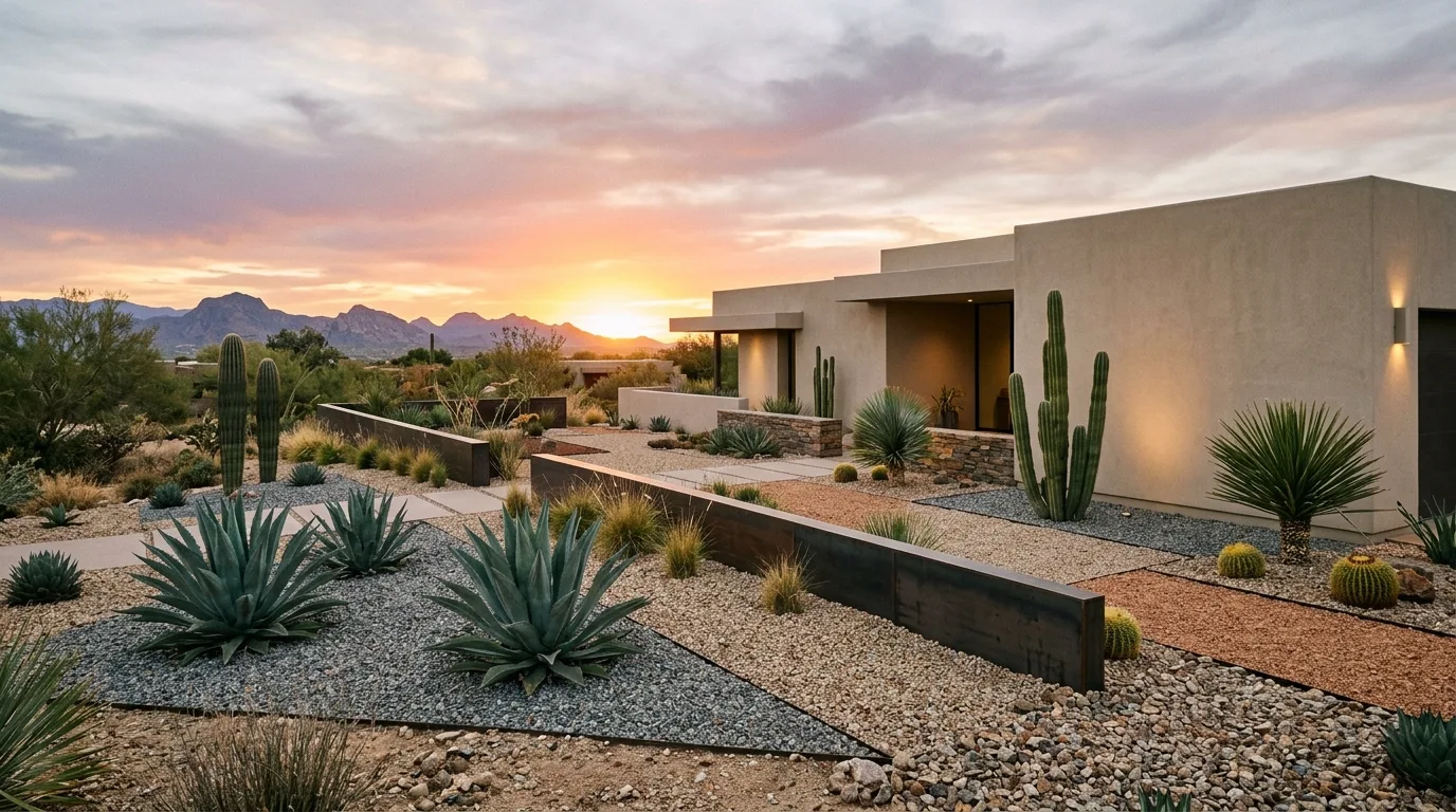 A desert chic Arizona landscape balanced with stone shade and plant form, no people