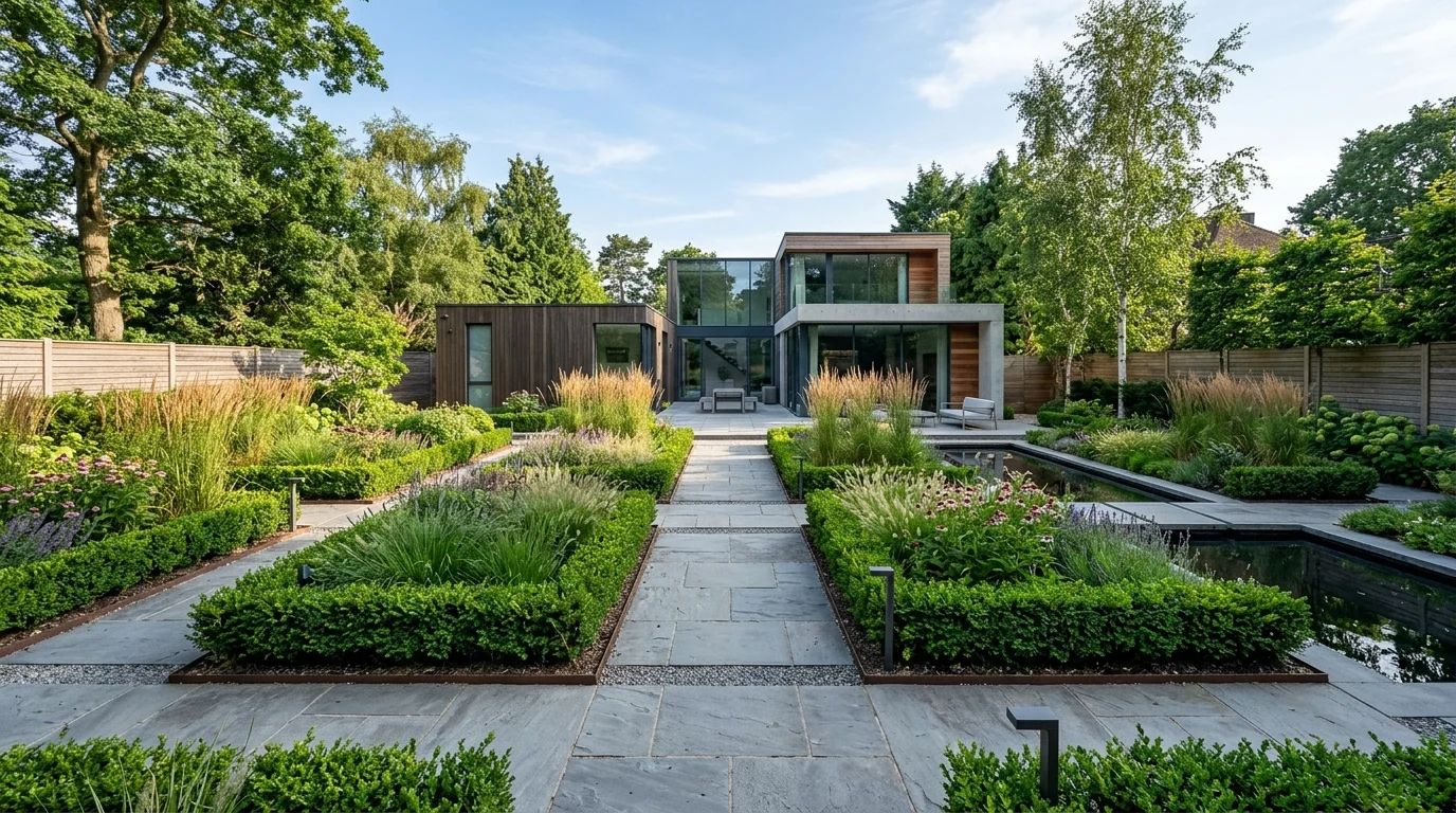 An inspiring outdoor cottage garden filled with layered flowers, lush greenery, and a beautiful backyard layout, no people