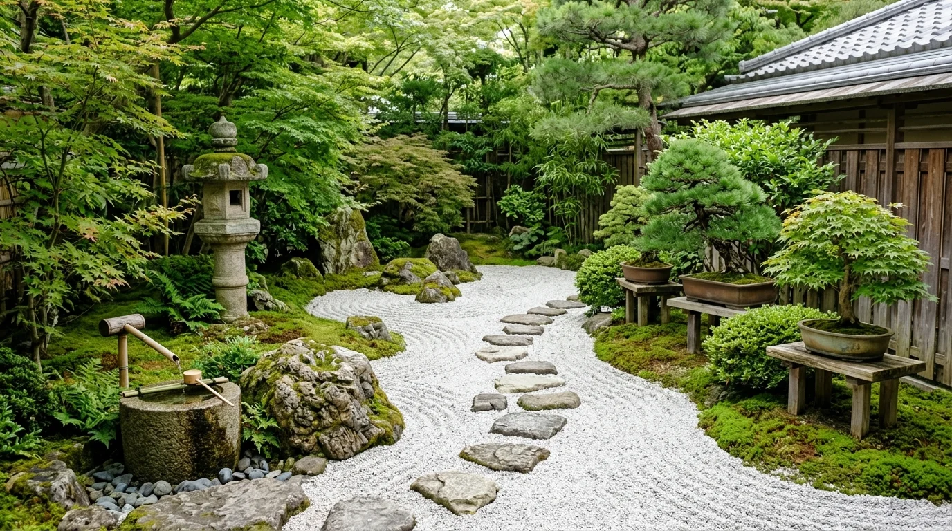 An inspiring family backyard garden balancing lawn, flowers, and outdoor living space, no people