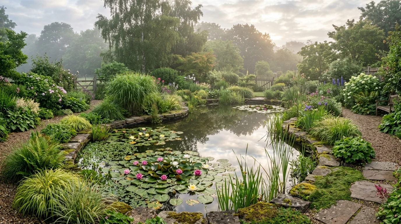 An inspiring outdoor garden centered around a pergola with lush planting and backyard seating, no people