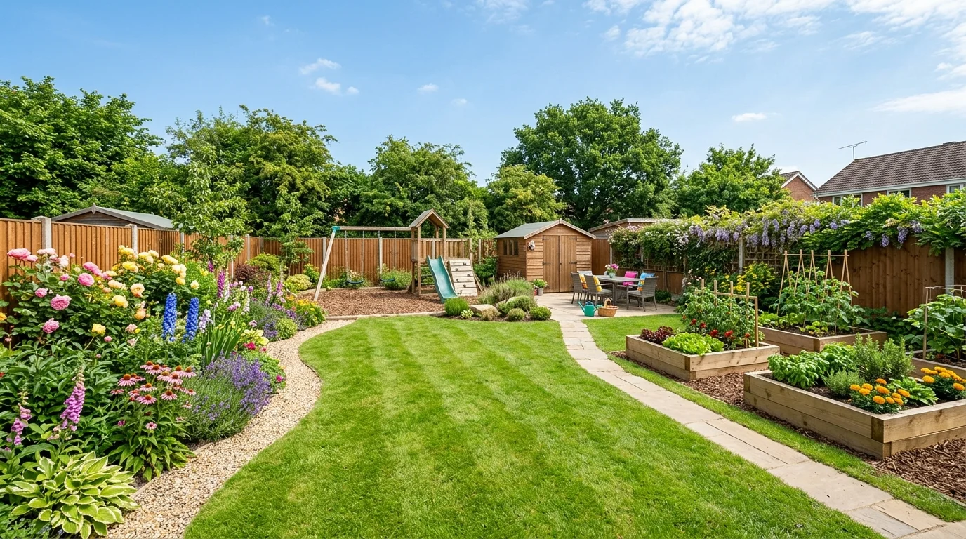 An inspiring outdoor retreat garden with lush planting, shade, and a dreamy backyard atmosphere, no people