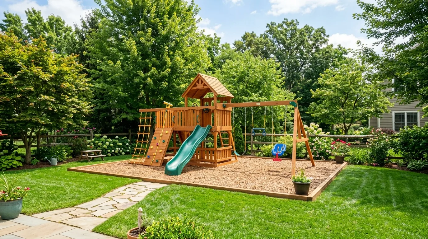 A backyard playground with wooden play fort slide and lawn edge, no people