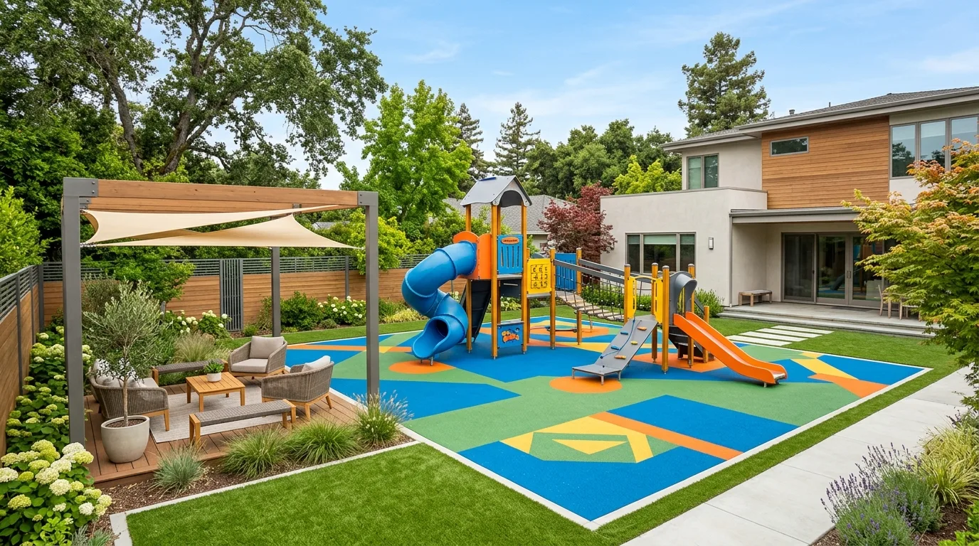 A backyard playground design with swing set mulch and trees, no people