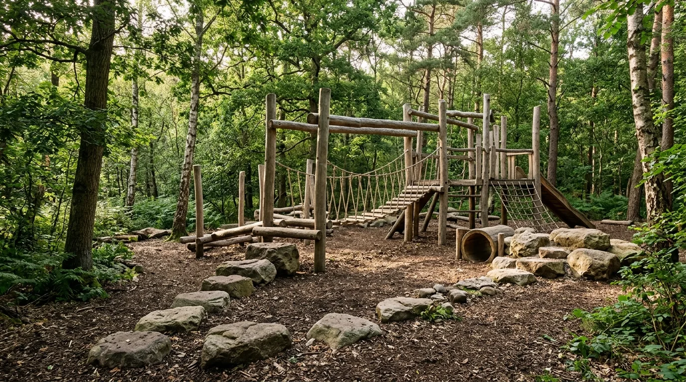 A compact backyard playground with climbing wall and bench seating, no people
