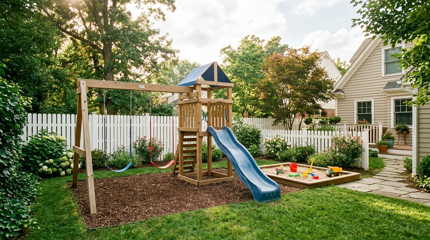 A natural backyard playground with logs boulders and sand area, no people
