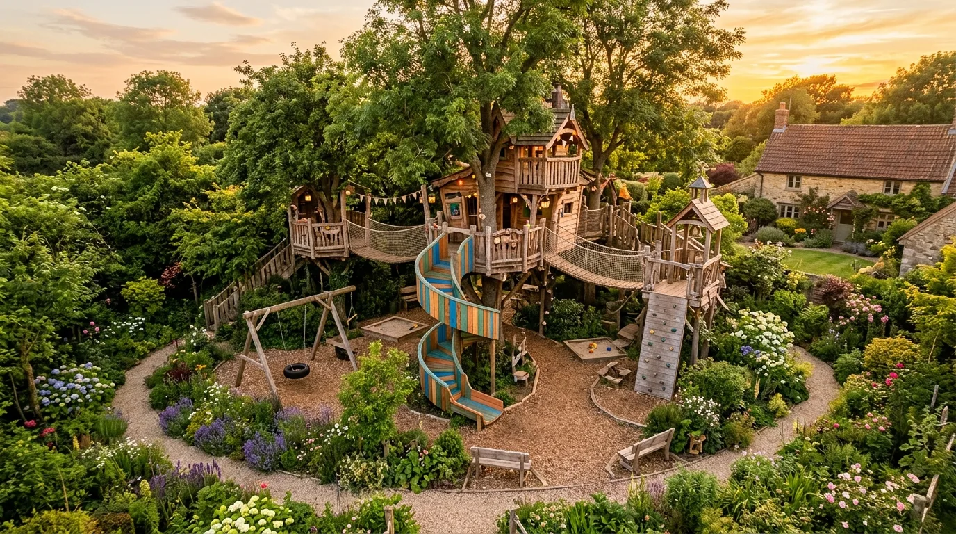 A backyard playground lawn with stepping stumps and rope course, no people
