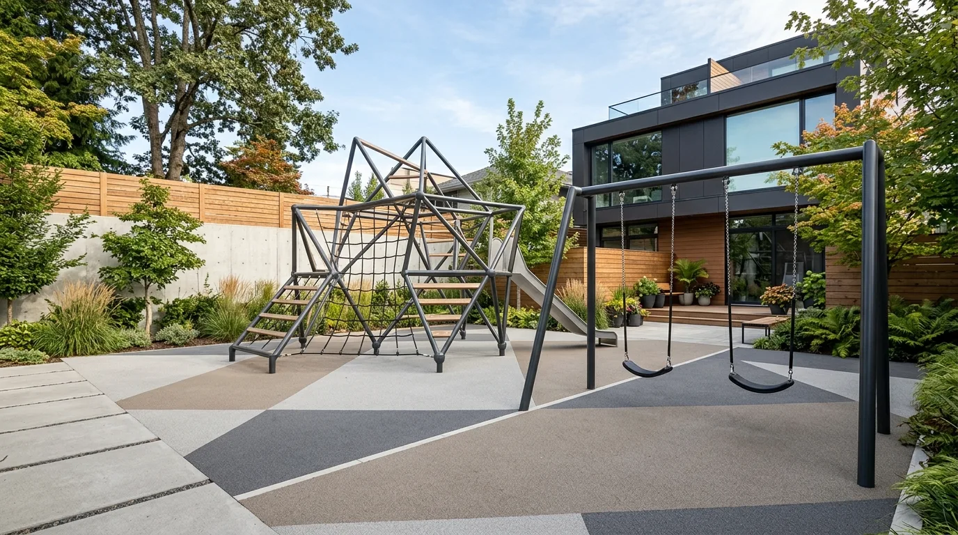 A backyard playground beside shaded family patio seating, no people