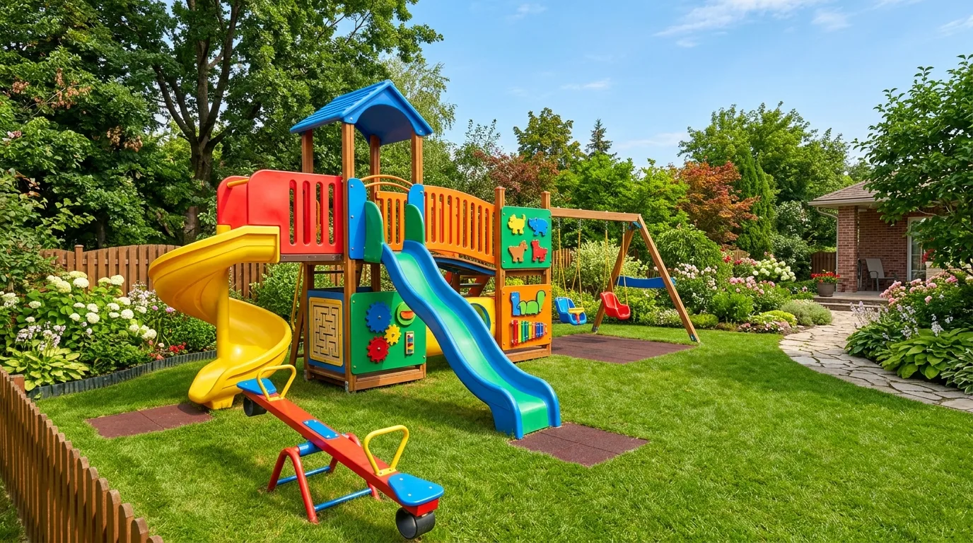 A narrow backyard playground with monkey bars and planting, no people