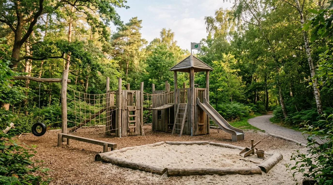 A backyard playground with playhouse flowers and child sized path, no people