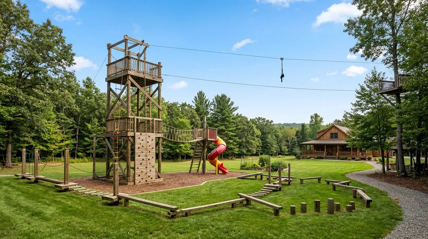 A modern backyard playground with black timber and simple geometry, no people