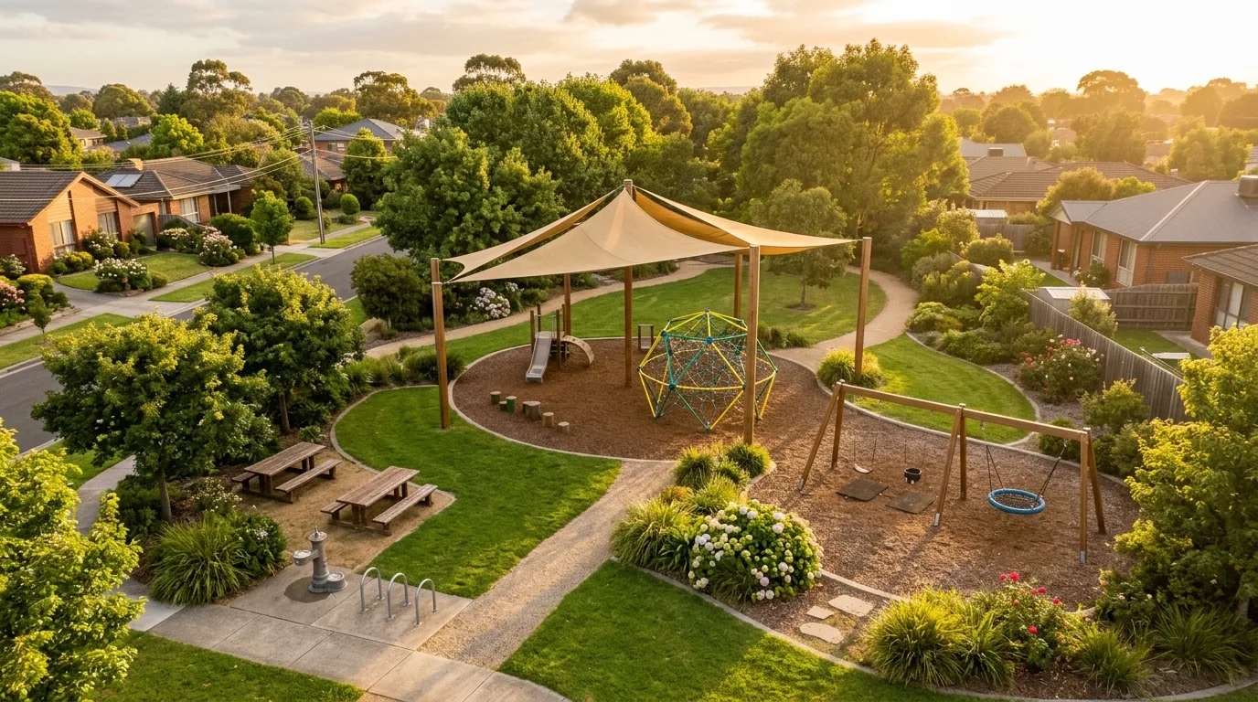 A backyard playground tree swing corner under a mature tree, no people