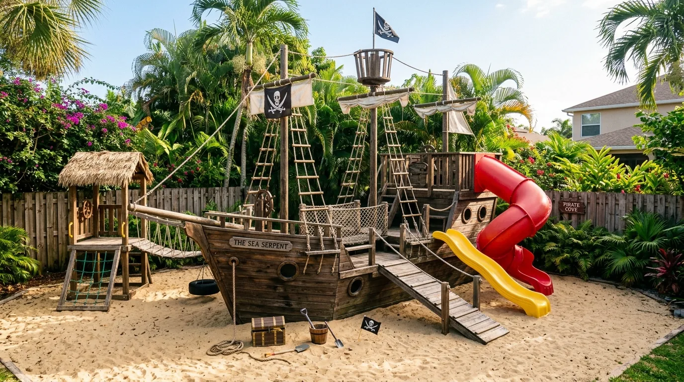 A backyard playground design with zones for different ages, no people