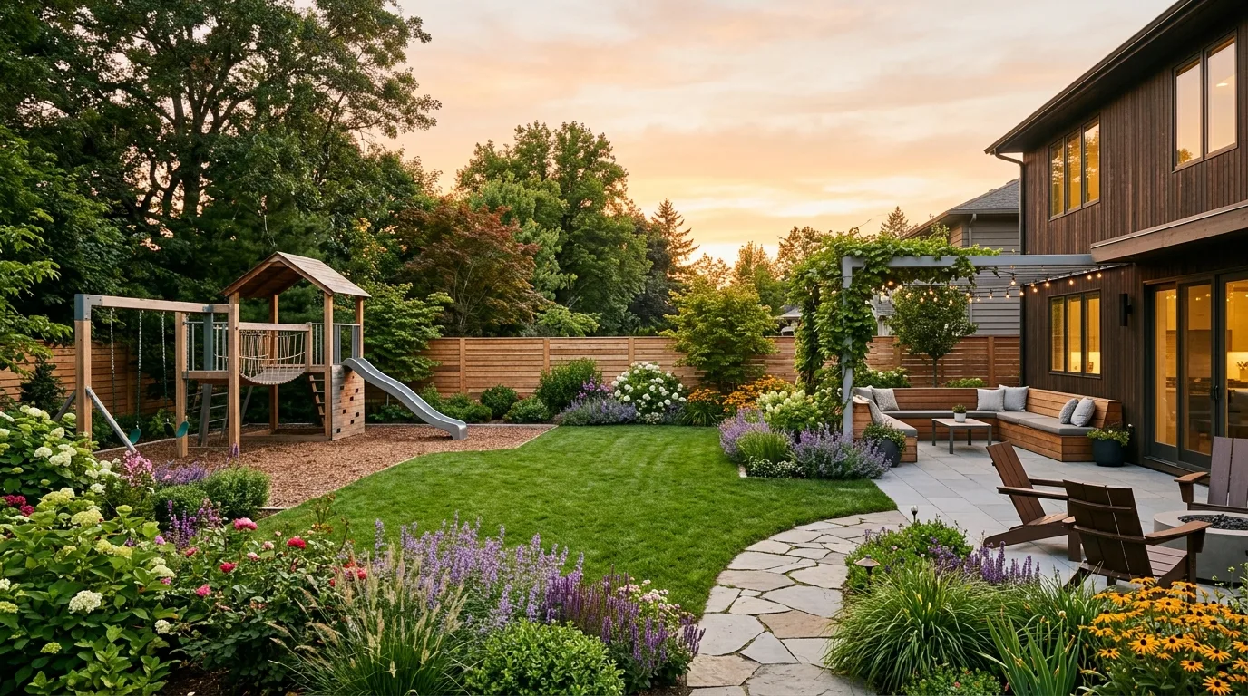 A fun backyard playground design integrated into family garden, no people