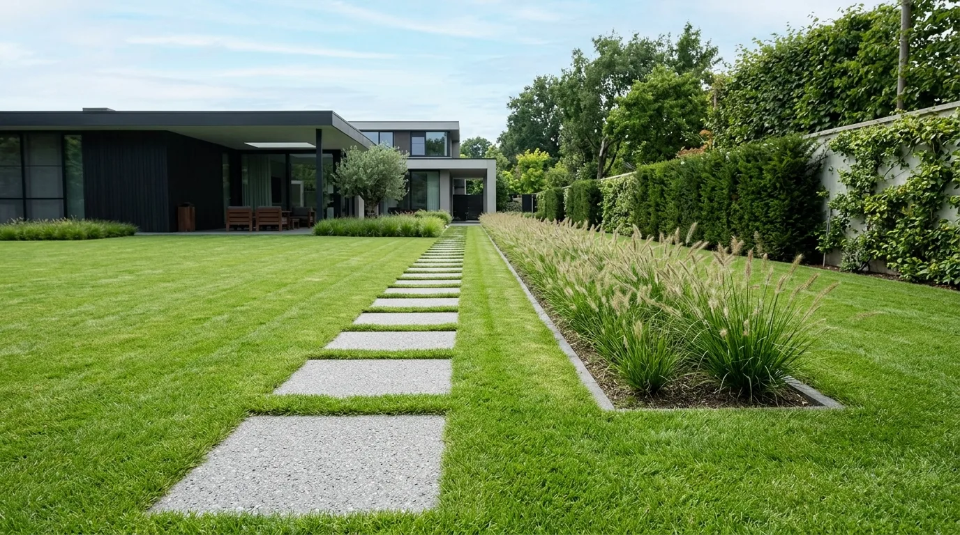 A clean minimal landscape with gravel clipped shrubs and precise path, no people
