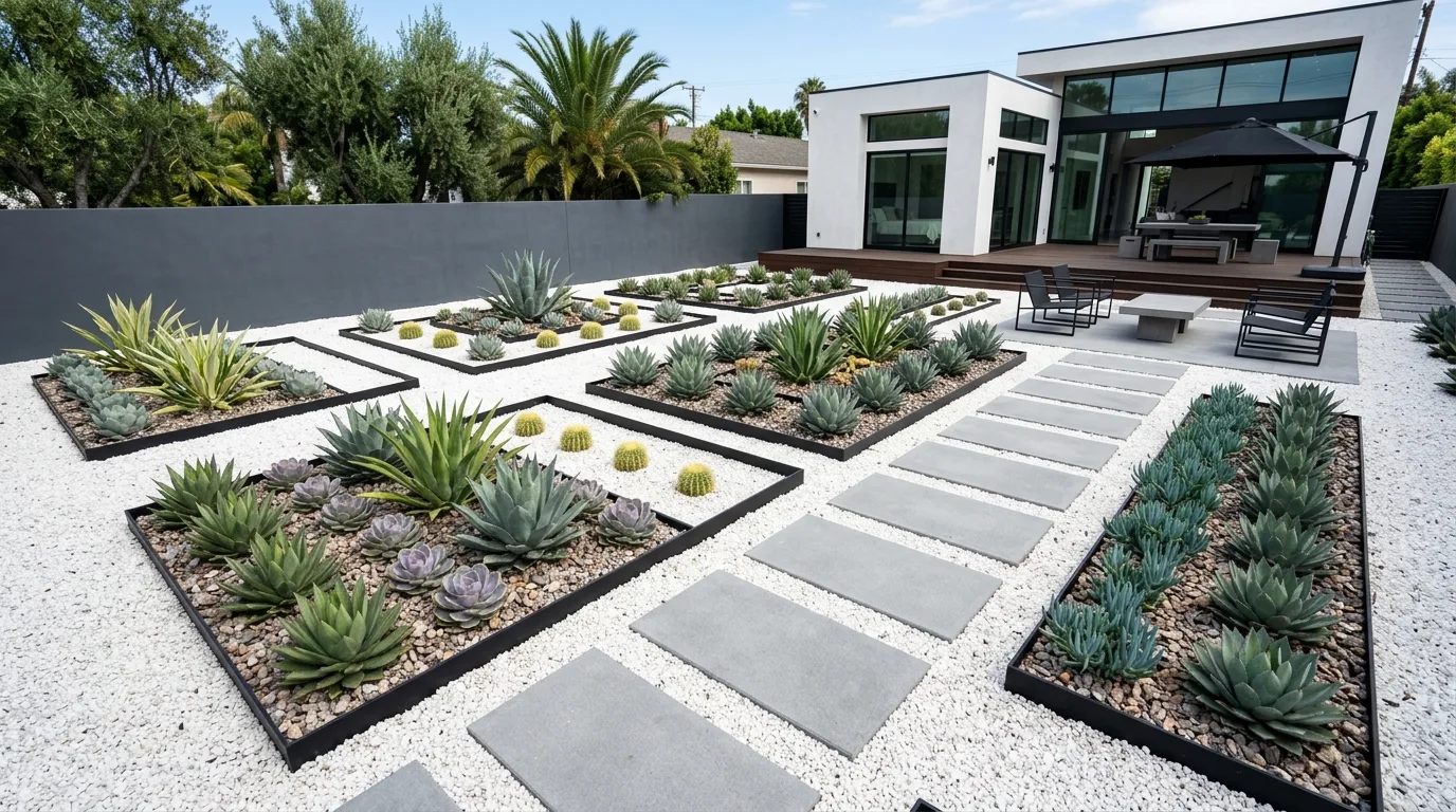 A minimal modern landscape with broad pavers and black accents, no people