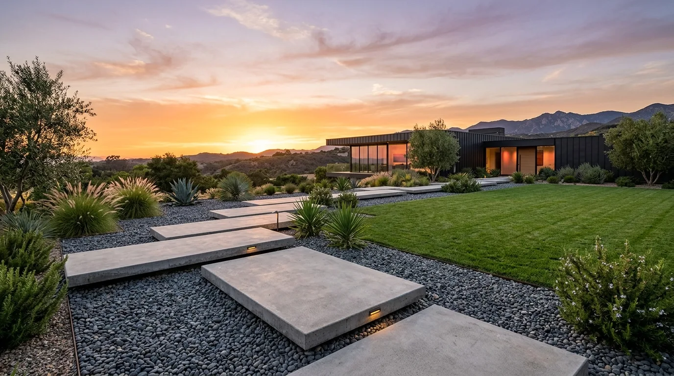 A clean minimal courtyard landscape with one specimen tree, no people