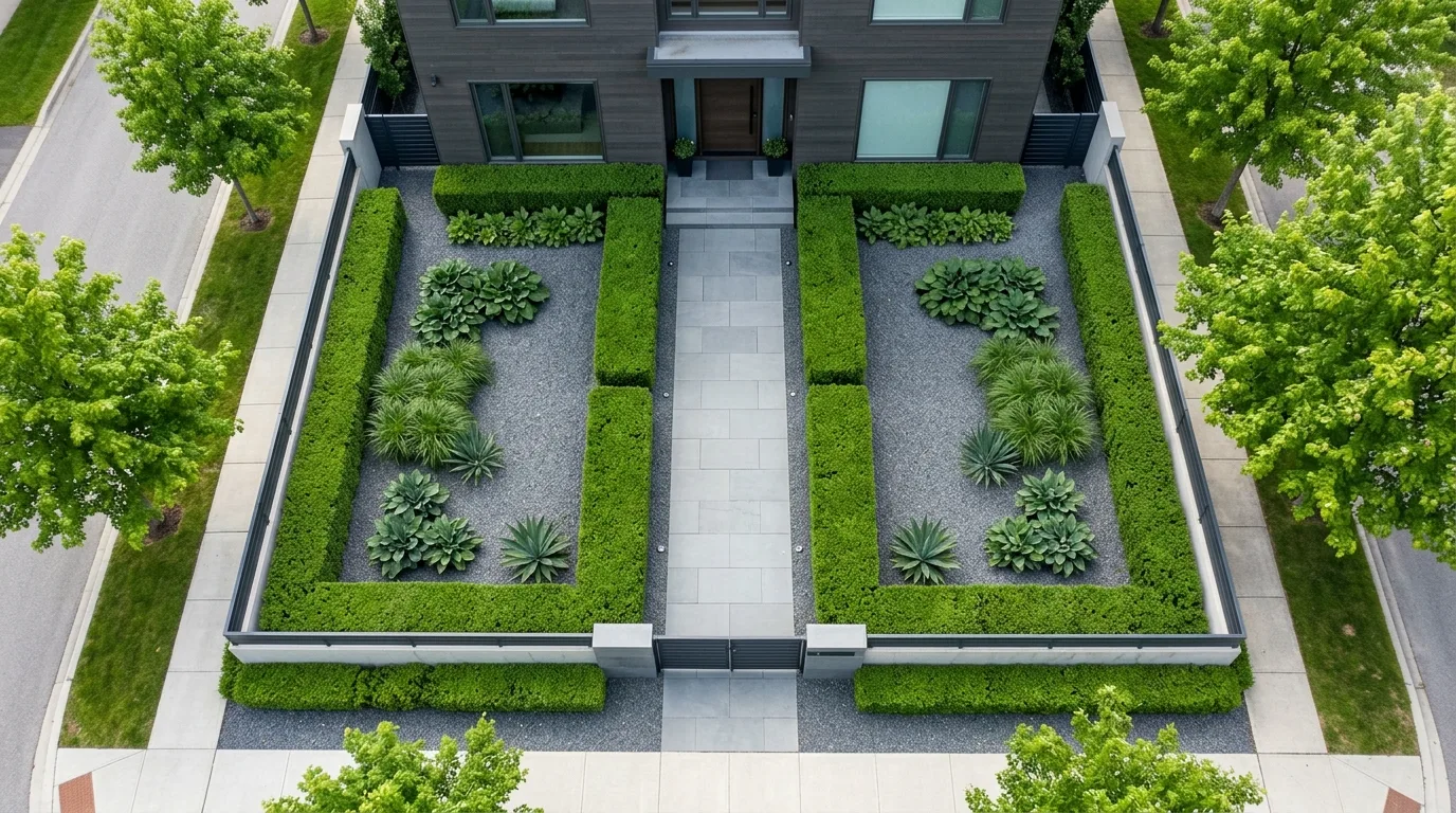 A minimal side yard landscape with concrete gravel and grasses, no people