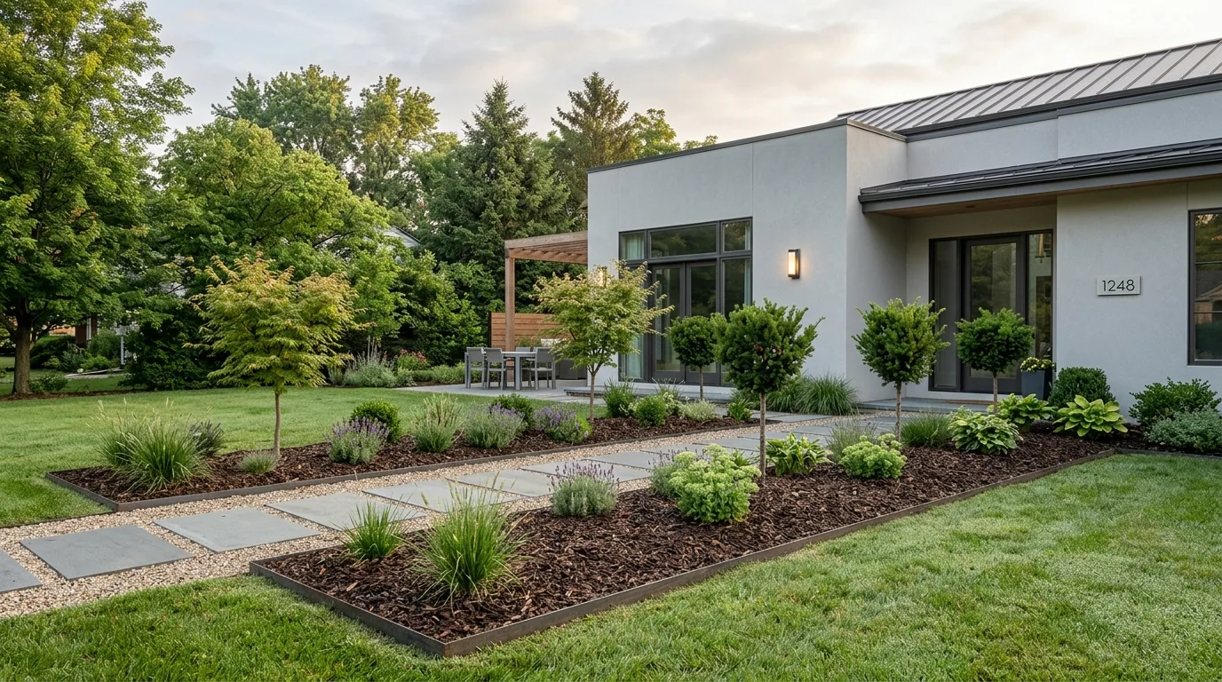A clean minimal landscape with rectangular lawn and sharp planting lines, no people