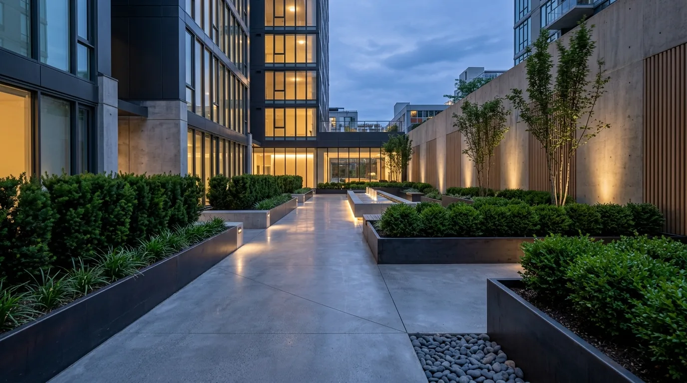 A minimal patio landscape with repeated pots and clean lines, no people