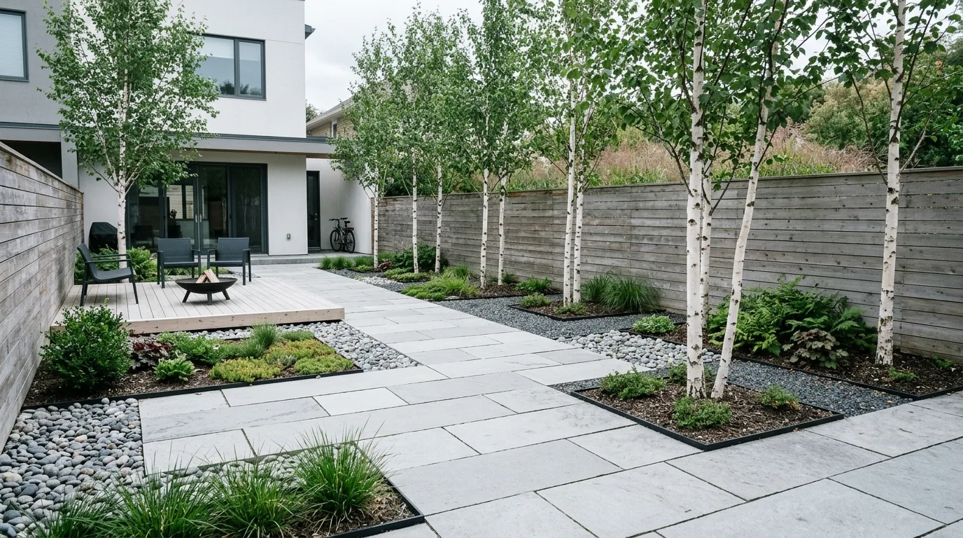 A clean minimal front yard landscape with stone and agave, no people